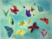 Peinture avec des papillons réalisée par un élève du cours de dessin et de peinture Entretoile réalisés